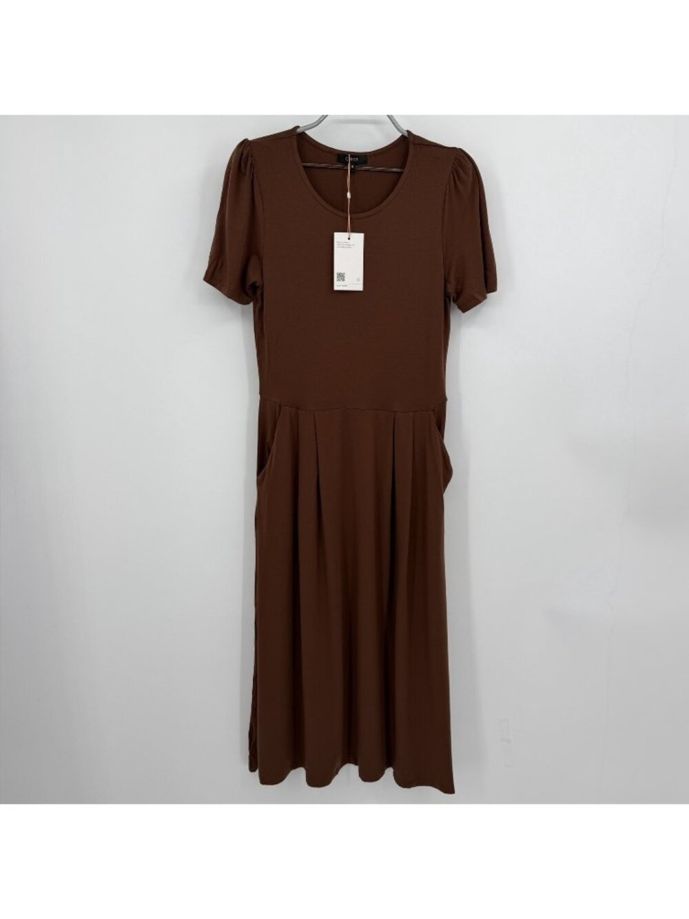 Quince Brown Tencel Jersey Short Sleeve Fit & Flare Midi Dress size S Small NWT